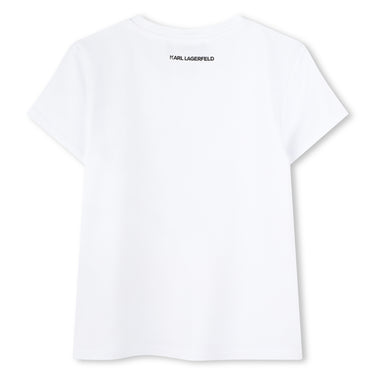 KARL LAGERFELD Playera para niña, blanca print Karl y choupette pedreria